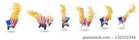 Paper bucket with popcorn, cup of drink and video game joystick on white Paper bucket with popcorn, cup of drink and video game joystick on white 116352348