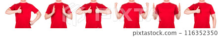 Man in red t-shirt showing or holding something in his arm on white background Man in red t-shirt showing or holding something in his arm on white background 116352350