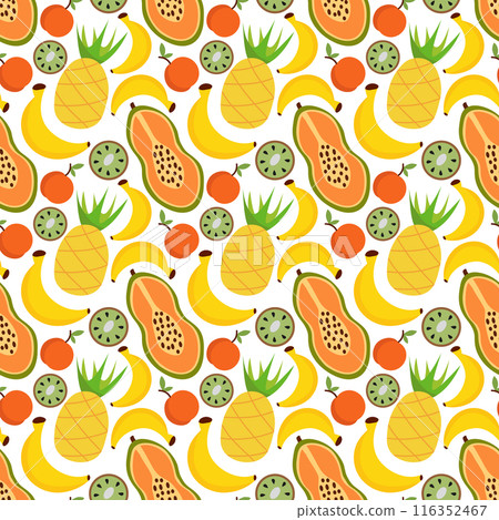 Seamless Pattern with fruits. Concept of healthy food and products. Summer food background. Pineapple, papaya, banana, kiwi, peach. Vector flat illustration. Seamless Pattern with fruits. Concept of healthy food and products. Summer food background. Pineapple, papaya, banana, kiwi, peach. Vector flat illustration. 116352467
