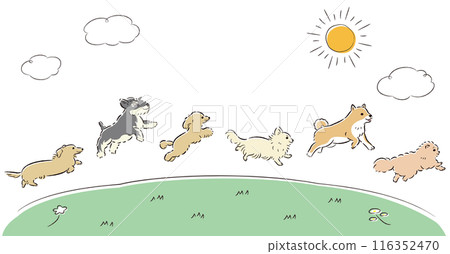 Illustration set of dogs running on the grassland 116352470