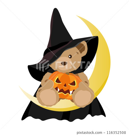 Illustration of a teddy bear dressed as a Halloween costume sitting on a crescent moon 116352508