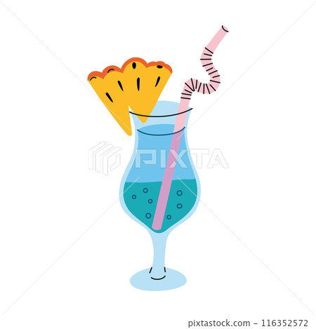 Vector illustration of an exotic summer cocktail garnished with a pineapple slice and straw. Flat cartoon style, colorful and refreshing beverage, mermaid lemonade. Vibrant tropical drink icon Vector illustration of an exotic summer cocktail garnished with a pineapple slice and straw. Flat cartoon style, colorful and refreshing beverage, mermaid lemonade. Vibrant tropical drink icon 116352572
