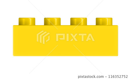 Gold Lego Block Isolated on a White Background. Close Up View of a Plastic Children Game Brick for Constructors, Front View. High Quality 3D Rendering with a Work Path. 8K Ultra HD, 7680x4320, 300 dpi 116352752