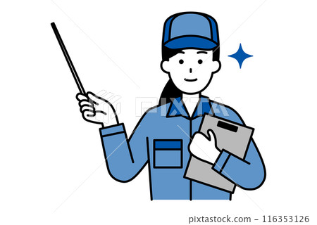 一位身穿工作服的女士拿著材料和指導棒進行解釋 116353126