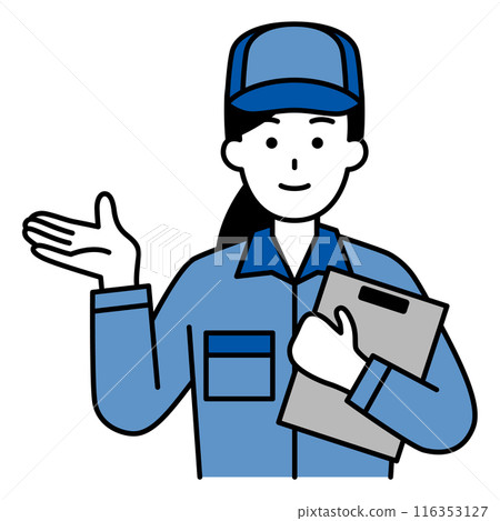 A woman in overalls explaining something 116353127