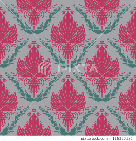 Seamless pattern of magenta Damask motifs on a gray background 116353185