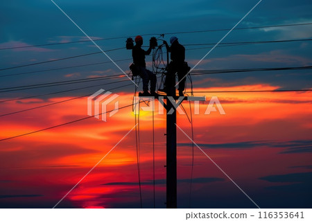 Tireless service: men working on electricity pole, experienced workers addressing breakdown in the electricity supply, ensuring restoration of power, labour day with dedication and expertise. Tireless service: men working on electricity pole, experienced workers addressing breakdown in the electricity supply, ensuring restoration of power, labour day with dedication and expertise. 116353641