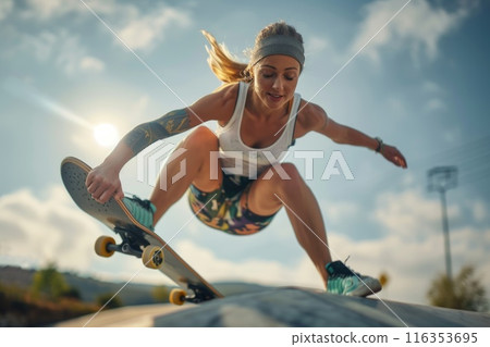 Female skateboarder - the fearless women carving their mark in the world of skateboarding, breaking stereotypes with every kickflip and grind. Female skateboarder - the fearless women carving their mark in the world of skateboarding, breaking stereotypes with every kickflip and grind. 116353695