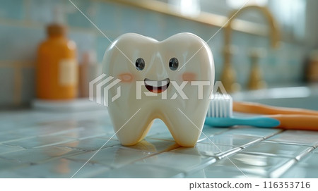 Comprehensive oral care: toothbrush cleaning teeth, importance of dental hygiene, focus on maintaining healthy gums, bright smile through proper brushing techniques, routine care. 116353716