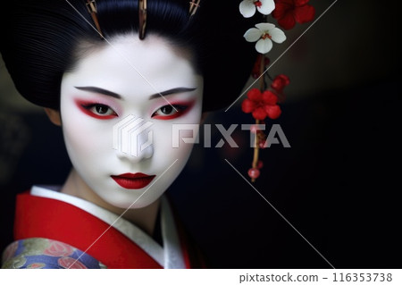 Cultural elegance - portrait geisha, intricate beauty, grace of traditional japanese attire, refined makeup, elaborate hairstyle, timeless allure of geisha artistry and cultural heritage. Cultural elegance - portrait geisha, intricate beauty, grace of traditional japanese attire, refined makeup, elaborate hairstyle, timeless allure of geisha artistry and cultural heritage. 116353738