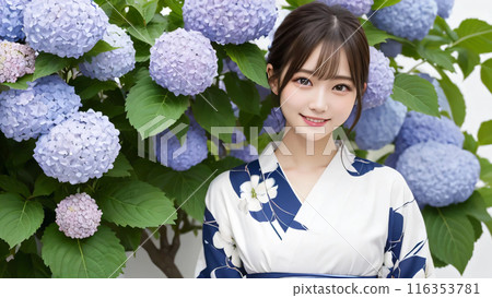 A young woman in a yukata with hydrangeas 116353781