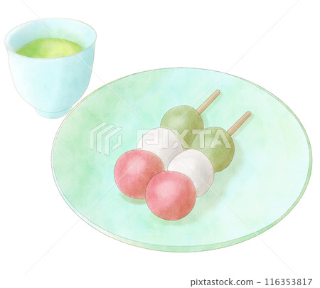 Three-color dumplings and tea watercolor 116353817