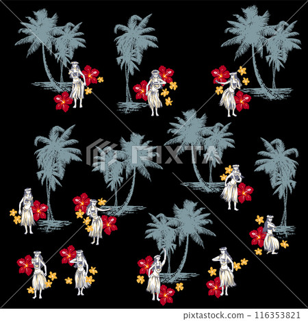 草裙舞者與棕櫚樹共舞的插畫素材， 116353821