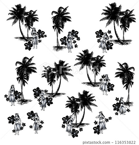 草裙舞者與棕櫚樹共舞的插畫素材， 116353822