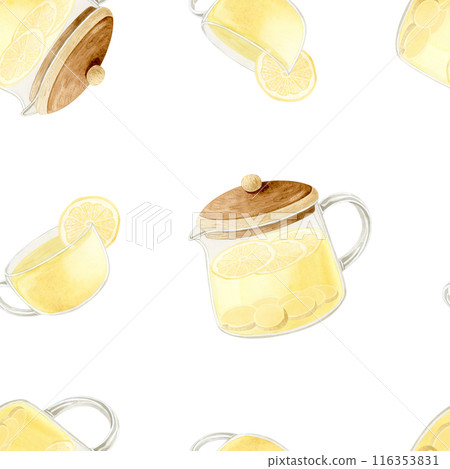 Lemon tea in glass teapot and cup watercolor seamless pattern on white background. Hand drawn organic herbal hot drink with ginger slices for fall and winter 116353831