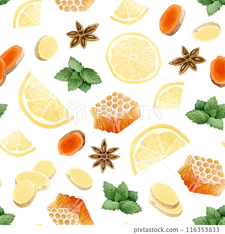 Lemon, honey, ginger, turmeric slices, spearmint and anise stars watercolor seamless pattern on white background. Organic citrus and herbal mix for green tea, vegan shops and natural healthy products Lemon, honey, ginger, turmeric slices, spearmint and anise stars watercolor seamless pattern on white background. Organic citrus and herbal mix for green tea, vegan shops and natural healthy products 116353833
