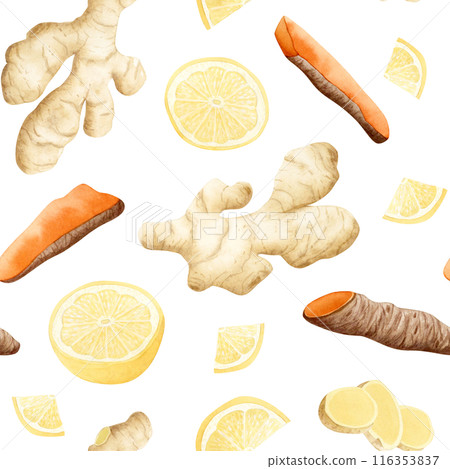 Ginger, turmeric and lemon slices watercolor seamless pattern on white background. Raw curcuma vegetable and spicy herb mix, natural ingredient for cooking, organic tea and curry spice Ginger, turmeric and lemon slices watercolor seamless pattern on white background. Raw curcuma vegetable and spicy herb mix, natural ingredient for cooking, organic tea and curry spice 116353837