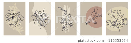 Abstract minimalist cards set with one continuous line bloom 116353954