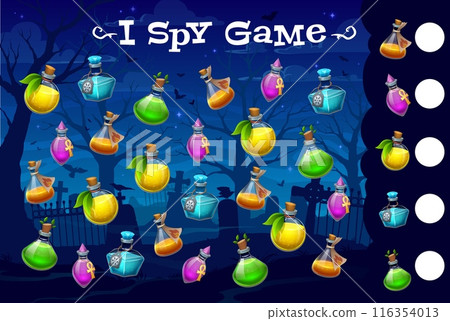Halloween i spy game worksheet with witch magic potion bottles on night cemetery. Vector kids riddle, count how many cartoon colorful brews in glass flasks, education task for baby mind development Halloween i spy game worksheet with witch magic potion bottles on night cemetery. Vector kids riddle, count how many cartoon colorful brews in glass flasks, education task for baby mind development 116354013