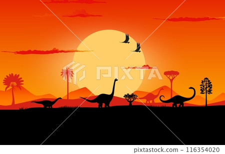 Dinosaurs sunset silhouettes on prehistoric landscape with trees and plants. Vector background with sauropod dino terrain species and flying pterosaur shadows in front of large sun in orange dusk sky 116354020
