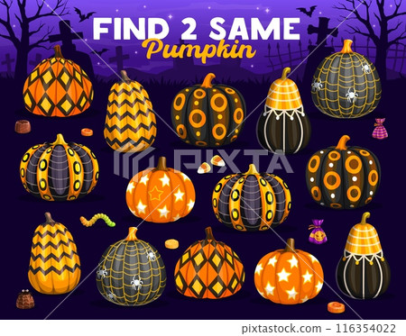 Halloween kids game. Find two same patterned pumpkins on the meadow or night cemetery. Vector educational riddle for children, search the similar objects leisure activity with cartoon painted gourds 116354022