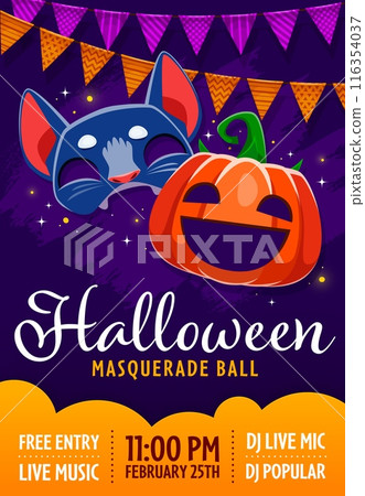 Halloween party flyer with funny kid masks of black cat and pumpkin face. Vector invitation, join the masquerade ball, dont miss out on the frightful delight, spooktacular fun with games and treats Halloween party flyer with funny kid masks of black cat and pumpkin face. Vector invitation, join the masquerade ball, dont miss out on the frightful delight, spooktacular fun with games and treats 116354037
