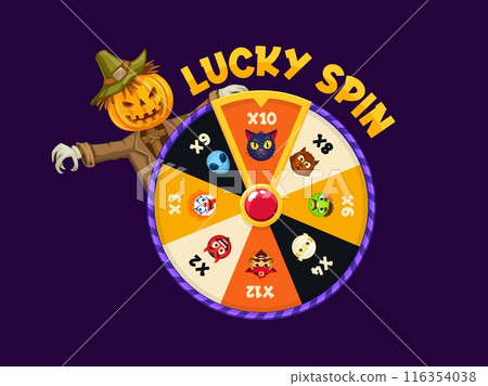 Halloween roulette spin, fortune wheel and scarecrow cartoon character, vector trick or treat night party casino game. Halloween holiday fortune wheel, funny cats, zombie, alien and mummy personages 116354038