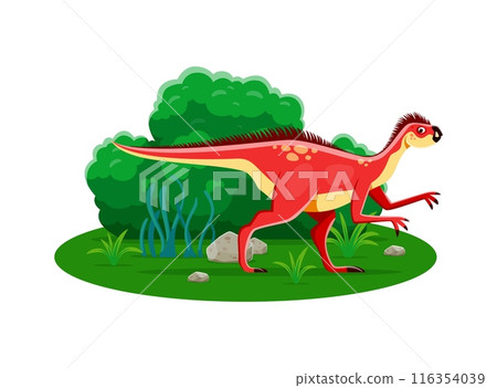 Pegomastax prehistoric dinosaur character. Isolated cartoon vector ancient omnivore reptile animal, genus of small heterodontosaurid dino from the early jurassic period at lush natural landscape Pegomastax prehistoric dinosaur character. Isolated cartoon vector ancient omnivore reptile animal, genus of small heterodontosaurid dino from the early jurassic period at lush natural landscape 116354039