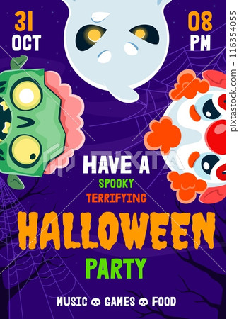 Clown, ghost and zombie, Halloween characters on party flyer, cartoon vector background. Halloween trick or treat holiday party and horror night entertainment with boo ghost, zombie monster and cobweb 116354055
