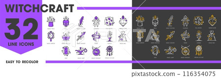 Witchcraft and magic line icons of mystery and esoteric astrology, vector symbols. Witchcraft and occult magic icons of witch elixir, voodoo doll and dream catcher, magician trick hat and magic lamp 116354075