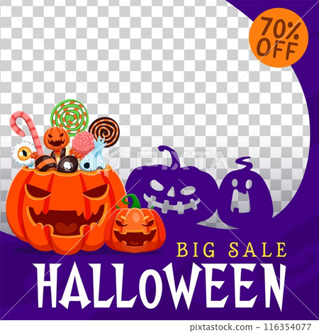 Halloween sale banner template, scary pumpkins and holiday sweets bucket, cartoon vector. Halloween discount promo or special price off promotion frame with monster candies on transparent background 116354077