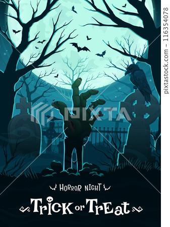 Zombie hand on Halloween cemetery, horror movie and trick or treat poster. Vector chilling background, creepy corpse arm with decaying flesh and eerie nails emerge from the earth at supernatural night Zombie hand on Halloween cemetery, horror movie and trick or treat poster. Vector chilling background, creepy corpse arm with decaying flesh and eerie nails emerge from the earth at supernatural night 116354078