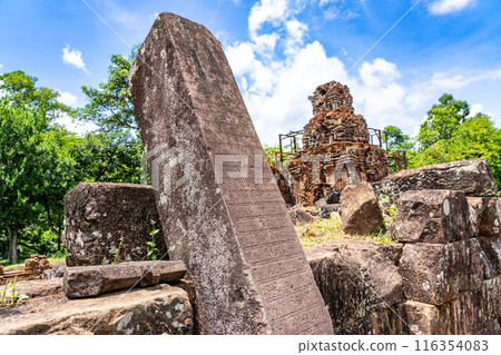 My Son ruins, a sacred site of the Champa Kingdom in Vietnam, dedicated to Hindu gods. Inscriptions on ruins carved in Champa script. My Son ruins, a sacred site of the Champa Kingdom in Vietnam, dedicated to Hindu gods. Inscriptions on ruins carved in Champa script. 116354083