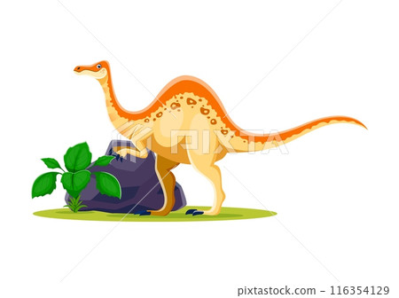 Cartoon prehistoric deinocheirus dinosaur character. Isolated vector genus of large theropod dino from the late cretaceous period. omnivore animal stands near the large boulder surrounded by shrubbery Cartoon prehistoric deinocheirus dinosaur character. Isolated vector genus of large theropod dino from the late cretaceous period. omnivore animal stands near the large boulder surrounded by shrubbery 116354129