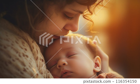 Eternal bond: mother's love, woman and her child sharing a tender embrace, essence of devotion, gentle caresses, heartfelt touch that define their deep, unbreakable connection. 116354150