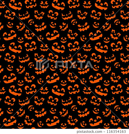 Halloween scary pumpkin face pattern, holiday horror night background, seamless vector. Halloween trick or treat party creepy pumpkins with orange grim faces and spooky smiles pattern background 116354163
