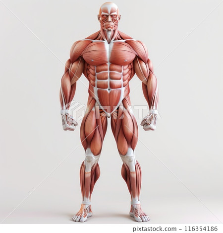 Anatomy of human muscles: comprehensive visual representation revealing intricacies and functionality of the muscular structure, an educational resource for medical studies and fitness enthusiasts. 116354186