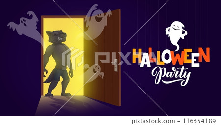 Halloween werewolf on opened door and funny ghost characters. October horror background, Halloween holiday party or autumn event vector banner with werewolf monster and ghost personages flying in door Halloween werewolf on opened door and funny ghost characters. October horror background, Halloween holiday party or autumn event vector banner with werewolf monster and ghost personages flying in door 116354189