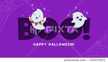 Halloween boo, funny kawaii ghost characters float with giggles. Vector banner with cute playful spooks, their spectral charm bewitches with adorable spookiness spreading laughter at night of mischief 116354201