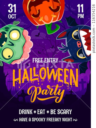 Halloween holiday party flyer with zombie, pumpkin and bat funny characters. Fall season party creepy poster, happy Halloween event or horror holiday announce vector flyer with monsters funny faces 116354216
