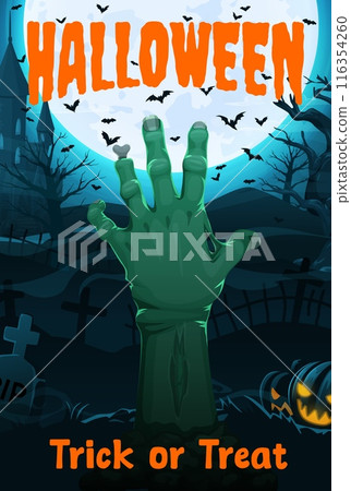 Halloween zombie hand on horror movie poster for holiday horror night, cartoon vector. Halloween trick or treat party poster with scary pumpkin lanterns and tombstones on cemetery with haunted castle Halloween zombie hand on horror movie poster for holiday horror night, cartoon vector. Halloween trick or treat party poster with scary pumpkin lanterns and tombstones on cemetery with haunted castle 116354260