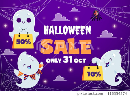 Kawaii ghosts on Halloween sale banner with spider and cobweb, cartoon vector background. Halloween holiday sale and discount promotion offer banner with happy funny boo ghosts with shopping bags 116354274