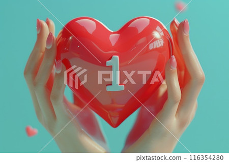 Sign of admiration like - beautiful girl holding a symbol with a red heart, number 1, thumbs up, expressing love and approval. 116354280