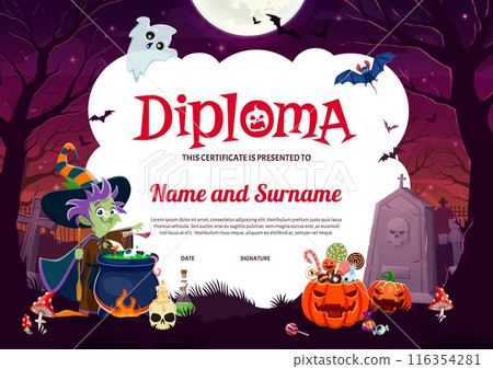 Halloween kids diploma with cartoon witch, sweets bucket, funny ghost and bat at cartoon cemetery midnight landscape. Educational school or kindergarten certificate, vector award frame template Halloween kids diploma with cartoon witch, sweets bucket, funny ghost and bat at cartoon cemetery midnight landscape. Educational school or kindergarten certificate, vector award frame template 116354281