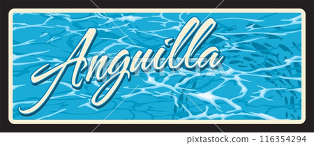 Anguilla British region, UK travel tin plate, vector tin sign. UK province or Britain land welcome metal plate with landmark, blue sea and tuna fish, metal plaque with city tagline Anguilla British region, UK travel tin plate, vector tin sign. UK province or Britain land welcome metal plate with landmark, blue sea and tuna fish, metal plaque with city tagline 116354294