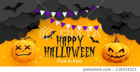 Halloween paper cut banner with pumpkins, casting bewitching spectral glow, bats, garlands and black clouds. 3d vector design of festive decor that brings a touch of spooky charm to celebration Halloween paper cut banner with pumpkins, casting bewitching spectral glow, bats, garlands and black clouds. 3d vector design of festive decor that brings a touch of spooky charm to celebration 116354321