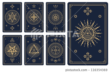 Magic tarot cards with astrological, mystical symbols, esoteric occult golden signs of sun, pyramid, cross, all-seeing eye, stars and Celestial patterns. Vector Boho style Witchcraft, Spiritual cards Magic tarot cards with astrological, mystical symbols, esoteric occult golden signs of sun, pyramid, cross, all-seeing eye, stars and Celestial patterns. Vector Boho style Witchcraft, Spiritual cards 116354369