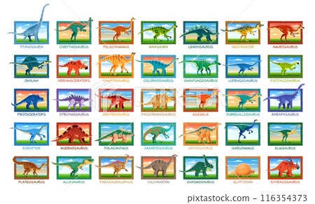 Prehistoric dinosaurs vector set. Ancient reptiles, dino animals and creatures from mesozoic era labeled with its species name. Educational paleontological infographics of ancient extinct ecosystem 116354373