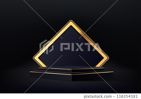 Black podium stage with rectangle golden arch frame. Realistic 3d vector elegant scene background for showcasing luxury, sophistication and high-end presentations, cosmetics product, award ceremonies 116354381