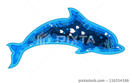Paper cut blue dolphin silhouette, underwater landscape with seaweeds and fish shoal. 3d vector frame in shape of playful ocean animal with serene and peaceful scene of aquatic vegetation and fishes Paper cut blue dolphin silhouette, underwater landscape with seaweeds and fish shoal. 3d vector frame in shape of playful ocean animal with serene and peaceful scene of aquatic vegetation and fishes 116354386